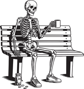 A black and white illustrated skeleton in sneakers sitting on a bench holding a mug with pills at its feet.