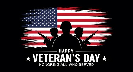 veterans day, A patriotic composition celebrating the bravery and sacrifice of veterans, featuring the flag and silhouettes of soldiers, rendered in a respectful and evocative style.
