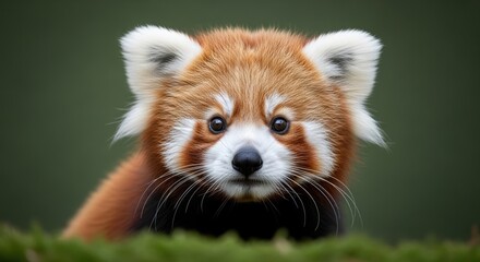 A close-up portrait of a small, fluffy red and white animal with large, expressive eyes and a gentle demeanor. It sits against a blurred green backdrop, looking directly at the viewer