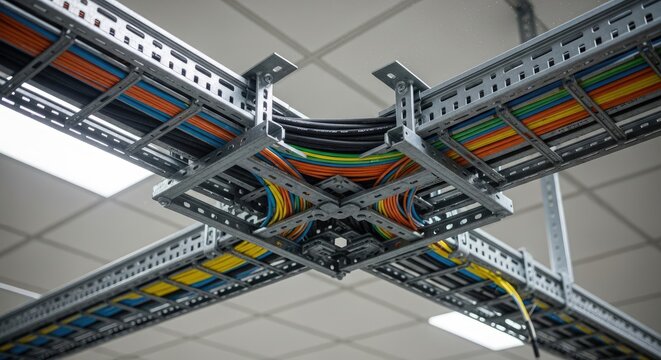 Overhead shot of intricate cable trays and a junction box filled with various colored wires, creating a complex electrical network inside a building. The structure is industrial and functional