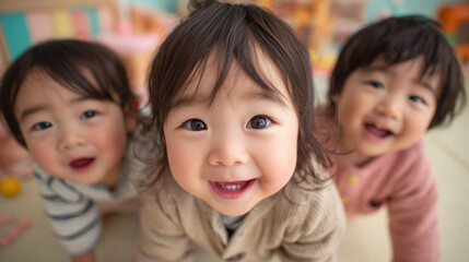 ハイハイ期の幼児（赤ちゃん）3人が、楽しそうな笑顔でカメラに向かって突進（ハイハイ）してくる様子。アップ。子育て、保育、日本人