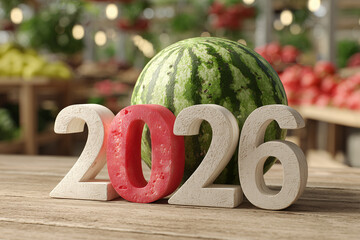 AI-generated 2026 numbers with watermelon at farmers market display