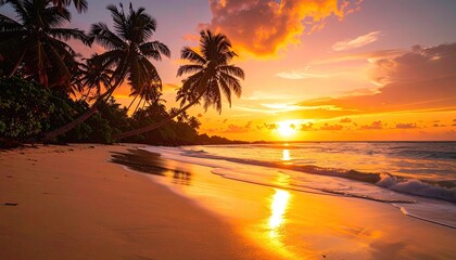 Golden Sand Beach at Sunset With Palm Leaves Framing the Ocean and Dramatic Orange Sky Reflected on Wet Sand