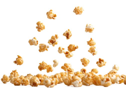 isolated pieces of crunchy caramel glazed popcorn dynamically falling and floating in mid-air against a clean, contrasting transparent background