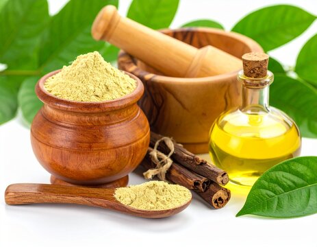 Chandan or sandalwood powder with traditional mortar, sandalwood sticks, perfume or 