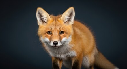 Obraz premium A close-up portrait of a red fox with bright orange fur and focused eyes, set against a dark, blurred background. The animal is centered, alert, and full of character