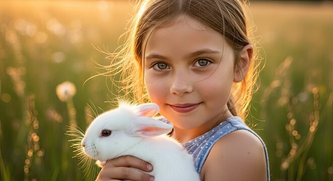 A young girl with light brown hair smiles gently, holding a fluffy white rabbit in a sun-drenched field of wildflowers at dusk. Soft light bathes them