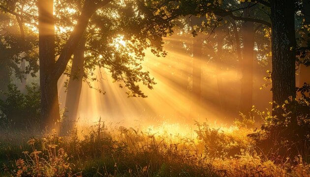 Golden Sunbeams Pierce Through Forest Canopy Illuminating Mist and Foliage in Morning Light