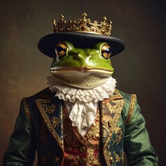 Portrait of a regal amphibian, adorned with crown and ornate attire