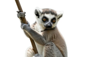 Obraz premium A close-up of a ring-tailed primate, gazing at the viewer while clinging to a slender branch. The background is a clean white, emphasizing the animal