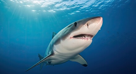 Naklejka premium A fearsome shark swims towards the viewer, its teeth bared, in a vibrant blue ocean. Sunlight streams from above, illuminating its form and the marine environment