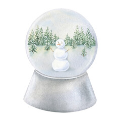 Winter forest and Snowman in a Snow globe. Watercolor illustration of a Christmas snowball. Hand drawn holiday vintage sketch of Snowglobe on white isolated background. Water color painting art image