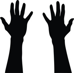 Two black silhouette hands reaching upwards palms open and fingers spread