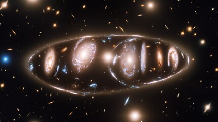 A luminous, curved cosmic torus encircling multiple bright clumps against a starry space background