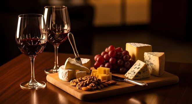 Wine glasses cheese and grapes on wooden board food and drink concept - Powered by Adobe