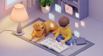 Young person reading braille with dog indoors illuminated by lamp