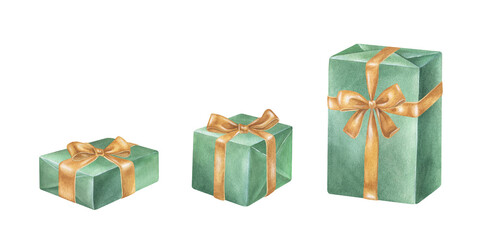Set of green and gold Gift Boxes with bows. Watercolor illustration of a birthday or Christmas present. Hand drawn vintage sketch on white isolated background. Water color painting art image