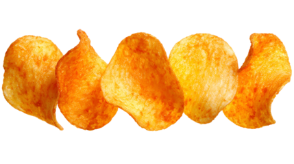 Crispy potato chips arranged in a row isolated on transparent background