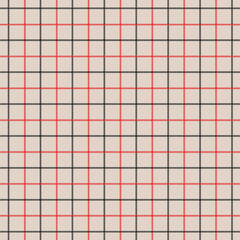 Seamless grid pattern with red and black lines on beige background for math and design clothing pattern