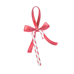 Christmas tree decoration in the shape of a candy cane. Watercolor illustration of a candy with bow decor. Hand drawn vintage sketch on white isolated background. Water color painting art image