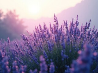 Naklejka premium Dew on lavender flowers in morning sunlight