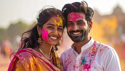 Fototapeta premium indian couple celebrating holi with colour splash