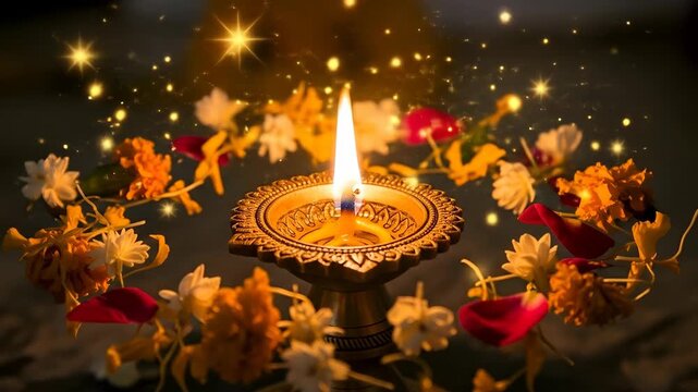 Traditional Diya Lamp with Flowers for Diwali Festival