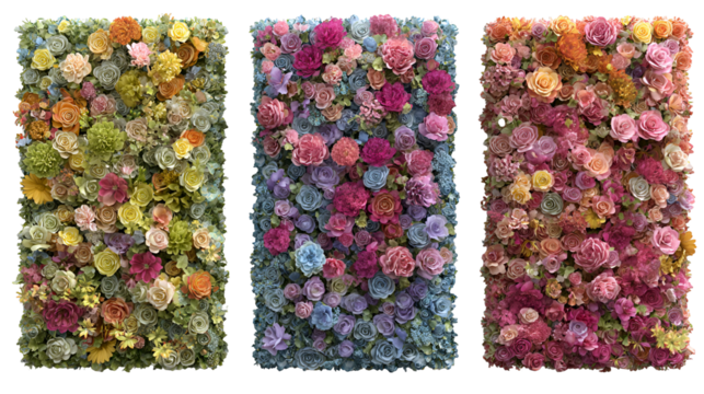 Three vertical floral arrangements with different color palettes isolated on transparent background