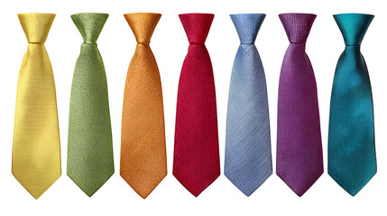 Collection of seven colorful patterned neckties arranged in a row isolated on transparent background
