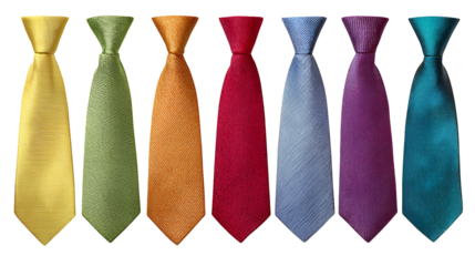 Collection of seven colorful patterned neckties arranged in a row isolated on transparent background