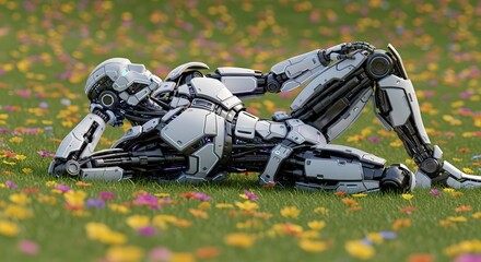 A sleek, futuristic humanoid robot with white armored plating and glowing purple accents lies relaxed in a lush meadow filled with colorful wildflowers. The android's articulated limbs are casually po