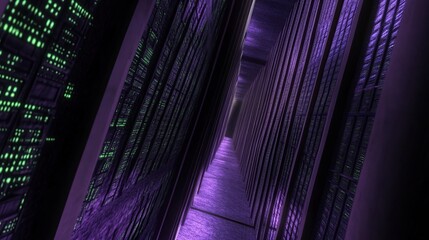 A Neon Purple Corridor of Tall Vertical Racks Bathed in Futuristic Neon Lights