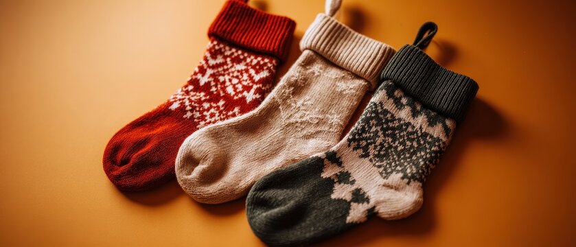 Three Knitted Christmas Stockings with Snowflake Patterns on Orange Background Festive Holiday Season Decoration Concept