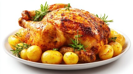 Fototapeta premium Whole roasted fowl served on a platter with seasoned small potatoes and fresh herbs