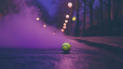 A Neon Purple Night Scene Featuring a Tennis Ball Resting on a Wet Road
