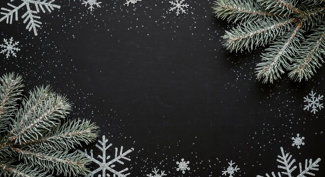 Evergreen branches and snowflakes on black background for winter  