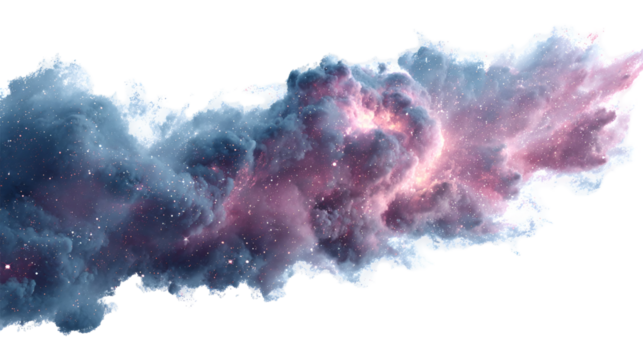 Abstract cosmic nebula with pink and blue clouds and stars isolated on transparent background