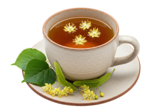 Rustic speckled ceramic cup with warm amber linden tea and yellow blossoms, a linden sprig beside, on a transparent background with copy space, close-up still life product photography. Concept of