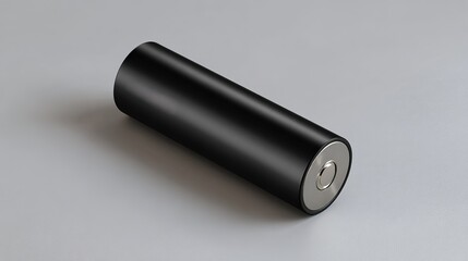 Sleek black cylindrical object with  metallic silver cap and base resting on  smooth light gray surface