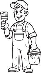 A smiling cartoon painter in overalls holding a paintbrush and a dripping paint bucket.