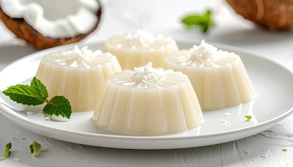 Four fresh coconut jellies arranged on a white ceramic plate adorned with shredded coconut and mint leaves accompanied by a halved coconut in a bright studio setting with soft lighting