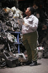 Black female technician check used car damaged engine at scrapyard warehouse recycle area part. African American engineer inspecting rusty oily auto motor old spare part in junkyard for reuse service