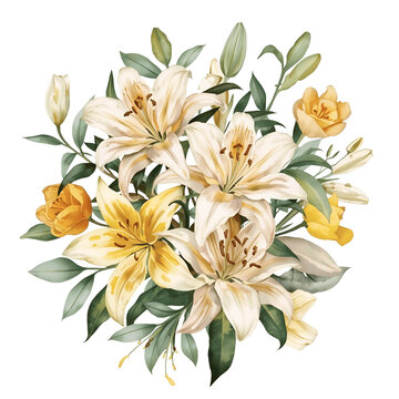 Watercolor bouquet of lilies Sicilian lemons and hydrangeas in white yellow and pink tones with green stained leaves isolated on white background
