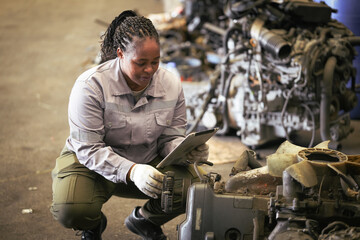 Black female technician check used car damaged engine at scrapyard warehouse recycle area part. African American engineer inspecting rusty oily auto motor old spare part in junkyard for reuse service