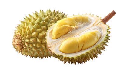 Fototapeta premium Fresh ripe durian fruit cut open showing yellow pulp isolated on transparent background