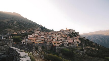 Fototapeta premium small stone village on hillside with pale morning sky