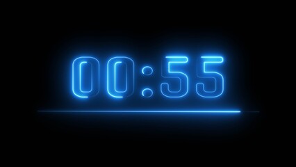 Neon timer seconds illustration. Neon countdown clock number on black background.