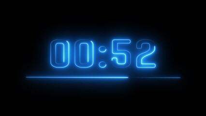 Neon timer seconds illustration. Neon countdown clock number on black background.