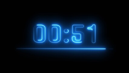 Neon timer seconds illustration. Neon countdown clock number on black background.