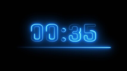 Neon timer seconds illustration. Neon countdown clock number on black background.